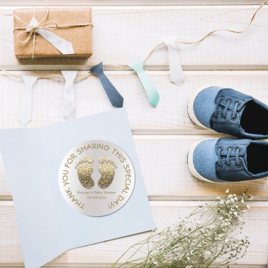 金ゴールドフェイクハート足ベビーシャワーお願いありがとう ラウンドシール