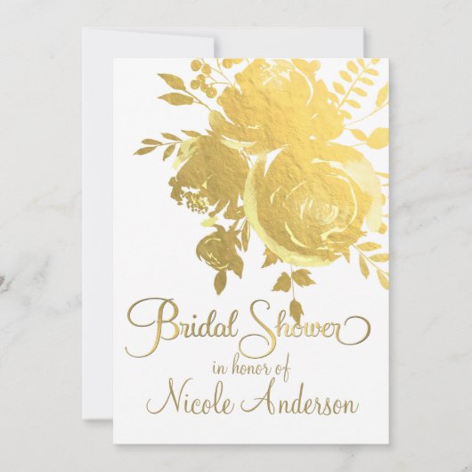 金ゴールドフェイクバラホイルエレガントフローラブライダルシャワー 招待状 (正面)
