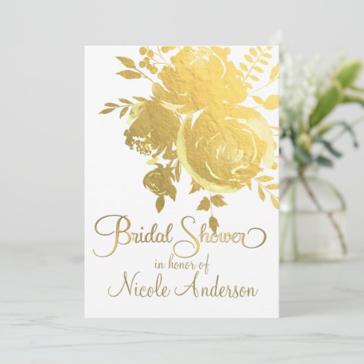 金ゴールドフェイクバラホイルエレガントフローラブライダルシャワー 招待状 (スタンド正面)