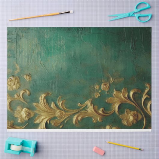 金ゴールドフェイクバロックオーナメントエメラルドグリーンヴィンテージ 薄葉紙 (クラフト)