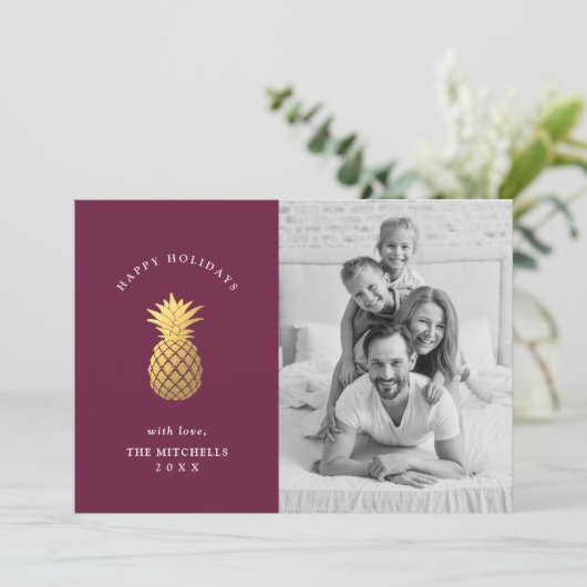 金ゴールドフェイクパイナップルオンブルゴンディ |クリスマス写真 シーズンカード (スタンド正面)