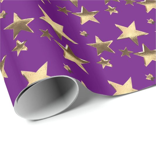 金ゴールドフェイクパープルクリスマススターズのパターン追加文字 ラッピングペーパー (ロールコーナー)