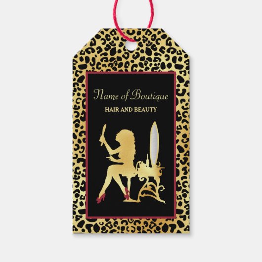 金ゴールドフェイクヒョウ柄の女性ヘアブティック ギフトタグ (正面)