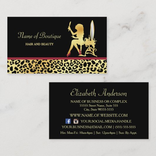 金ゴールドフェイクヒョウ柄の女性ヘアブティック 名刺 (正面/裏面)
