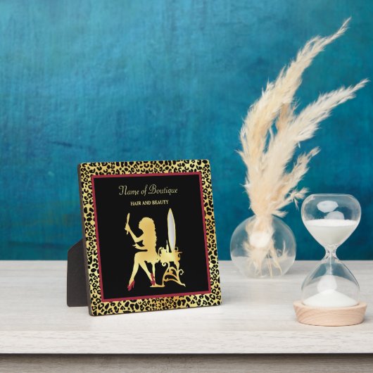 金ゴールドフェイクヒョウ柄の女性ヘアーブティックサイン フォトプラーク (インサイチュ)