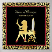 金ゴールドフェイクヒョウ柄の女性ヘアーブティックサイン ポスター (正面)