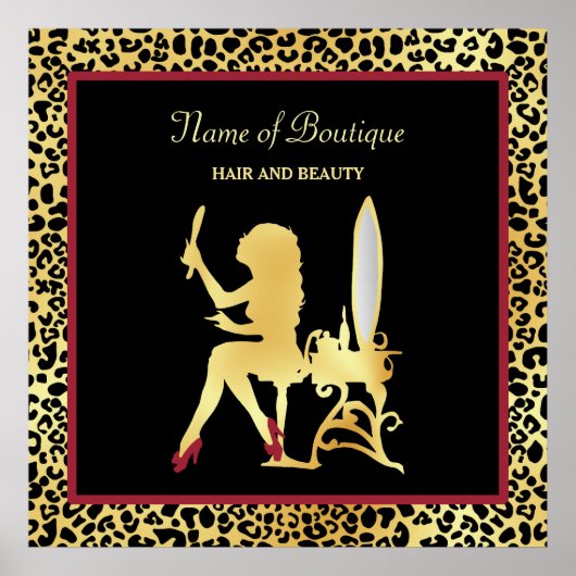 金ゴールドフェイクヒョウ柄の女性ヘアーブティックサイン ポスター (正面)