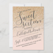 金ゴールドフェイクピンクスパークグラデーションリーグリッタースウィート16 招待状 (正面)