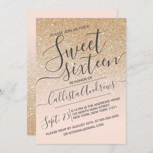 金ゴールドフェイクピンクスパークグラデーションリーグリッタースウィート16 招待状 (正面/裏面)