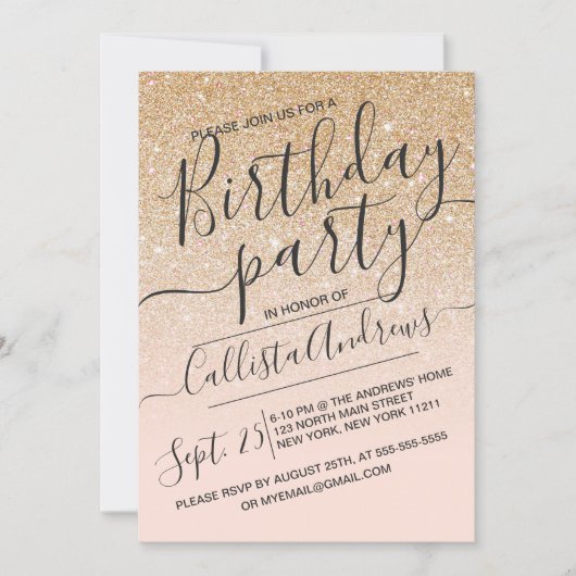 金ゴールドフェイクピンクスパークリグリッターグラデーション誕生日 招待状 (正面)
