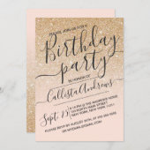 金ゴールドフェイクピンクスパークリグリッターグラデーション誕生日 招待状 (正面/裏面)