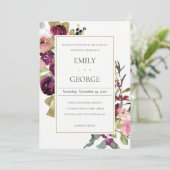 金ゴールドフェイクピンクブルゴーニュバラフローラ結婚式の招待 サンキューカード (スタンド正面)