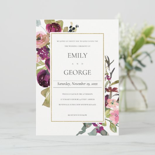 金ゴールドフェイクピンクブルゴーニュバラフローラ結婚式の招待 サンキューカード (スタンド正面)