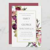 金ゴールドフェイクピンクブルゴーニュバラフローラ結婚式の招待 サンキューカード (正面/裏面)