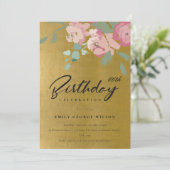 金ゴールドフェイクピンクブルー牡丹フローラ任意の年齢誕生日 招待状 (スタンド正面)