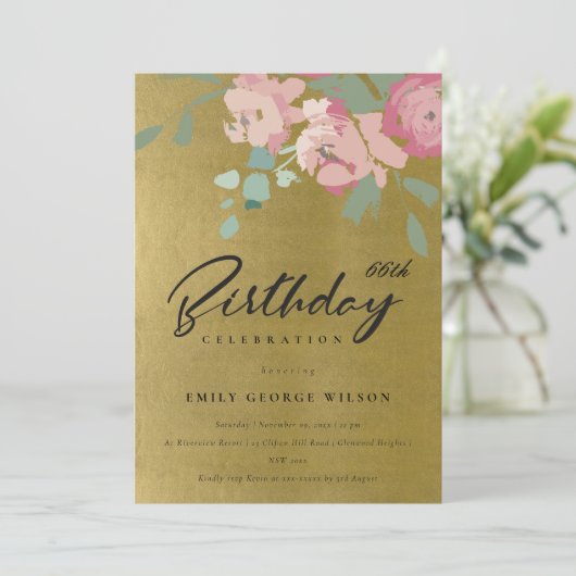 金ゴールドフェイクピンクブルー牡丹フローラ任意の年齢誕生日 招待状 (スタンド正面)