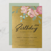 金ゴールドフェイクピンクブルー牡丹フローラ任意の年齢誕生日 招待状 (正面/裏面)