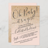 金ゴールドフェイクピンク輝くグリッターグラデーションベビーシャワー 招待状 (正面/裏面)