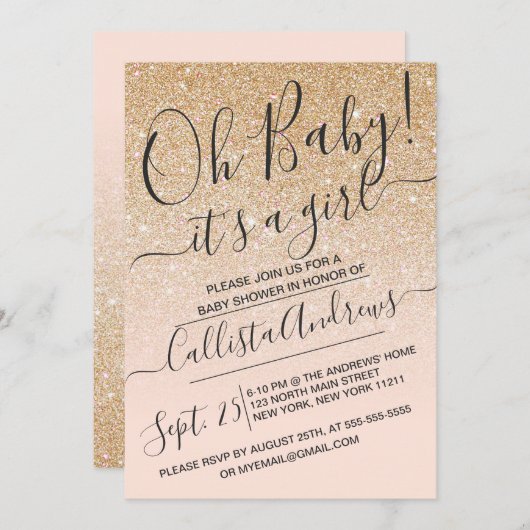 金ゴールドフェイクピンク輝くグリッターグラデーションベビーシャワー 招待状 (正面/裏面)