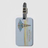 金ゴールドフェイクフォイルストライプメディカルライトブルーカドゥセウス ラゲッジタグ (正面縦)