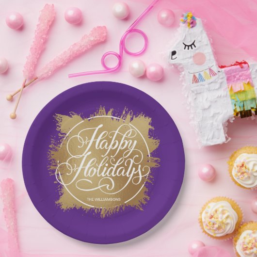 金ゴールドフェイクフォイルハッピーホリデイズパープル ペーパープレート (パーティー)
