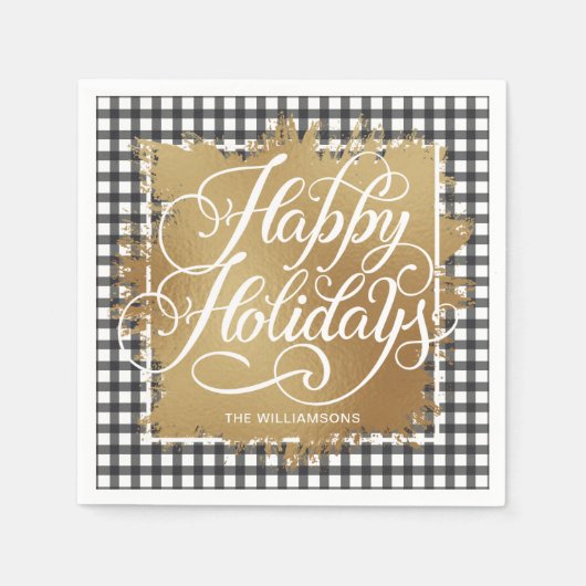 金ゴールドフェイクフォイルハッピーホリデイズブラックチェック スタンダードカクテルナプキン (正面)