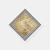 金ゴールドフェイクフォイルハッピーホリデイズブラックチェック スタンダードカクテルナプキン (角)