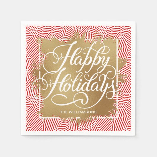 金ゴールドフェイクフォイルハッピーホリデーズモダンレッド スタンダードカクテルナプキン (正面)