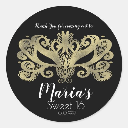 金ゴールドフェイクフォイル仮装マスクパーティーの好意 ラウンドシール (正面)