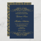 金ゴールドフェイクフローリッシュダマスクネイビーブルー 招待状 (正面/裏面)