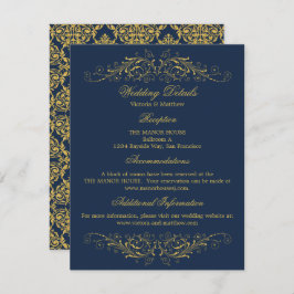 金ゴールドフェイクフローリッシュダマスク海軍結婚の詳細 招待状