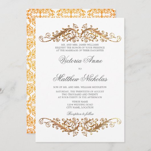 金ゴールドフェイクフローリッシュダマスク 招待状 (正面/裏面)