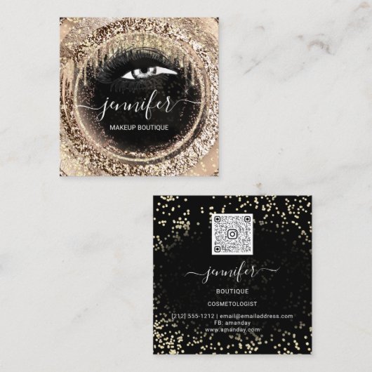 金ゴールドフェイクブティックメイクアップラッシュQRCodeラッシュブラック スクエア名刺 (正面/裏面)