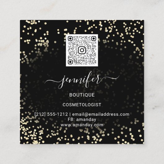 金ゴールドフェイクブティックメイクアップラッシュQRCodeラッシュブラック スクエア名刺 (裏面)
