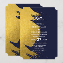 金ゴールドフェイクブラシストロークとネイビーブルーとモノグラム 招待状