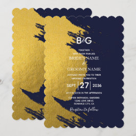 金ゴールドフェイクブラシストロークとネイビーブルーとモノグラムI 招待状