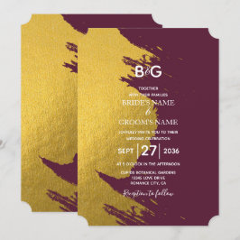 金ゴールドフェイクブラシストローク&モノグラムでブルゴーニュ 招待状