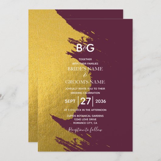 金ゴールドフェイクブラシストローク&モノグラムでブルゴーニュ 招待状 (正面/裏面)