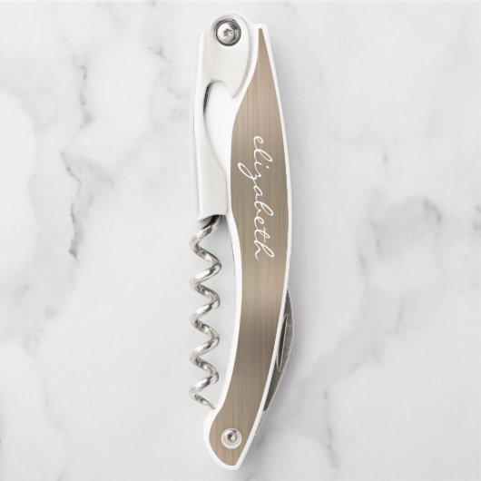 金ゴールドフェイクブラシ付きメタルパーソナライズされたスクリプト ソムリエナイフ (正面)