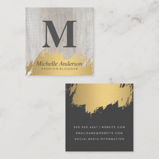 金ゴールドフェイクブラシ付きモノグラム |木目 スクエア名刺 (正面/裏面)