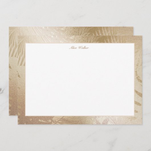 金ゴールドフェイクホイル熱帯葉モノグラム ノートカード (正面/裏面)