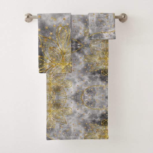 金ゴールドフェイクマンダラ&スモーキーグレイデザイン バスタオルセット (インサイチュ)