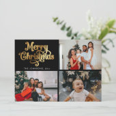 金ゴールドフェイクメリークリスマスファミリーフォトコラージュ シーズンカード (スタンド正面)