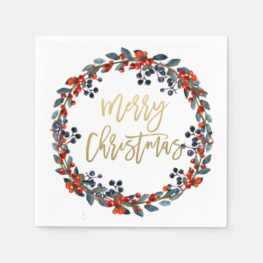 金ゴールドフェイクメリークリスマスベリーズホリデーパーティー スタンダードカクテルナプキン (正面)
