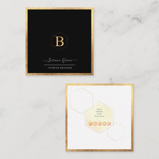 金ゴールドフェイクモノグラム、ハニカム|DIYカラー スクエア名刺 (正面/裏面)