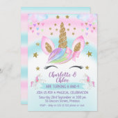 金ゴールドフェイクユニコーンレインボージョイント誕生日 招待状 (正面/裏面)