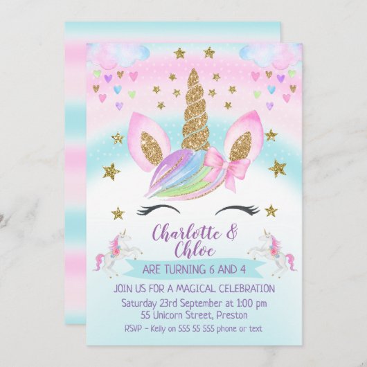 金ゴールドフェイクユニコーンレインボージョイント誕生日 招待状 (正面/裏面)