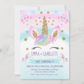 金ゴールドフェイクユニコーンレインボーツインズジョイント誕生日 招待状 (正面)