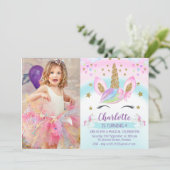 金ゴールドフェイクユニコーンレインボーフォト誕生日 招待状 (スタンド正面)