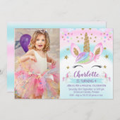 金ゴールドフェイクユニコーンレインボーフォト誕生日 招待状 (正面/裏面)